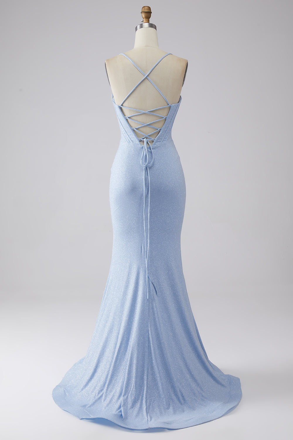 Luolandi Light Blue Sparkly Mermaid Spaghetti Straps Corset Prom Dress with Slit Sexy Evening Dresses